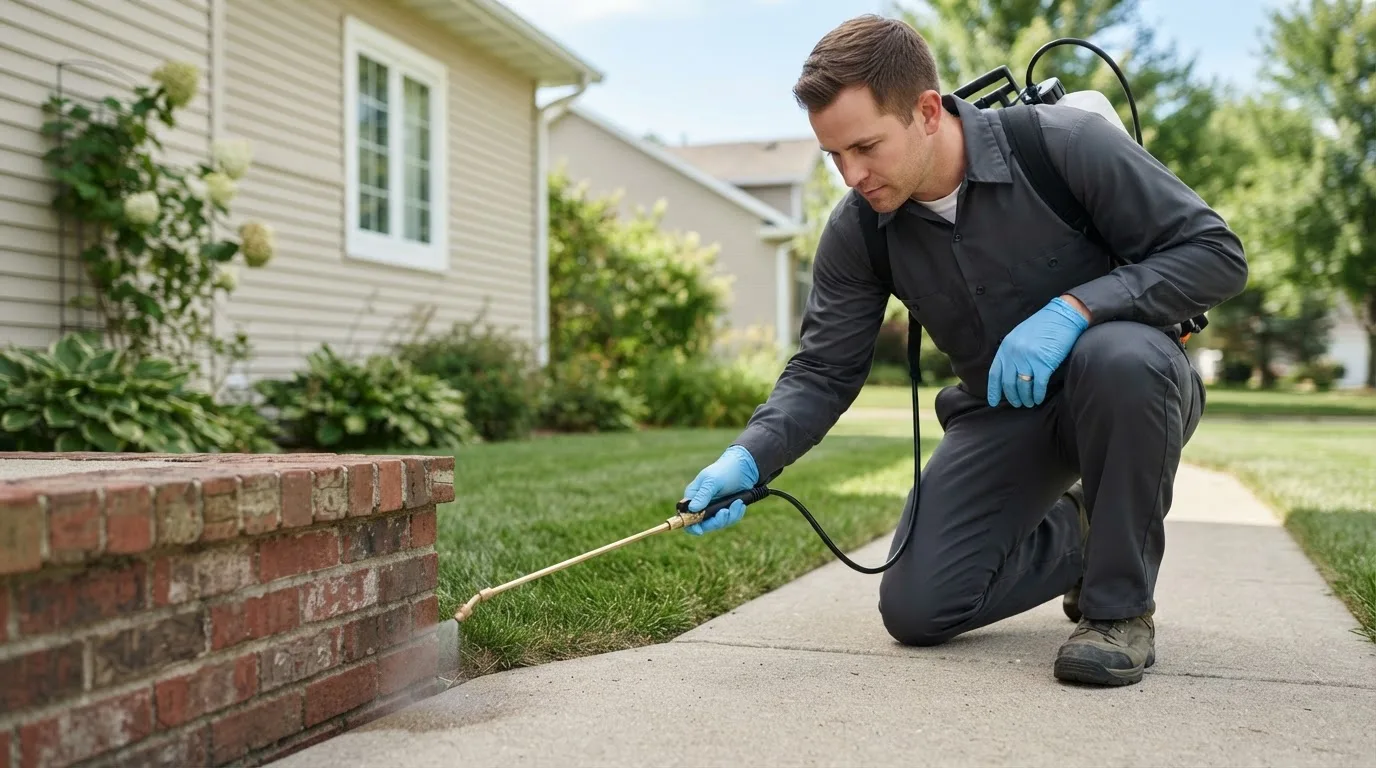 Pest control technician treating a home near Lacona, NY